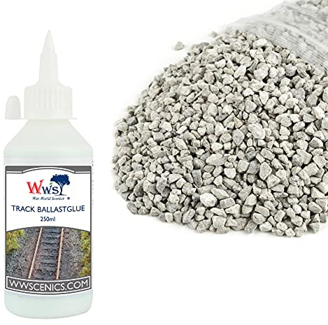 War World Scenics 500g Mittelgroßer Hellgrauer Schotter & 250ml Gleisschotter-Kleber Modellbahn Set