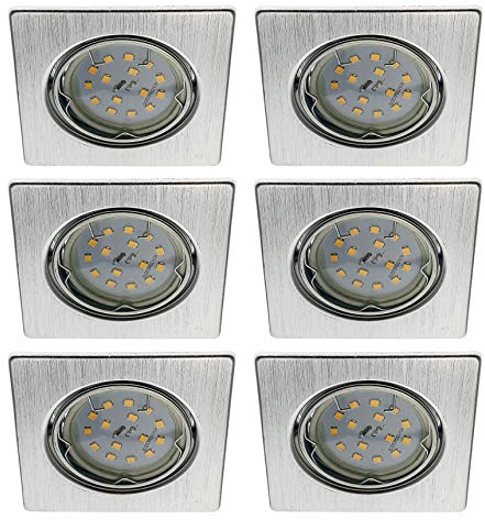 Trango 6er Set 6729-069SMOSD LED Einbaustrahler Aluminium gebürstet Eckig inkl. 6x 5 Watt 3 Stufen dimmbar Ultra Flach LED Modul 3000K warmweiß, Einbauleuchte, Deckenspot, Einbauspot, Deckenleuchte