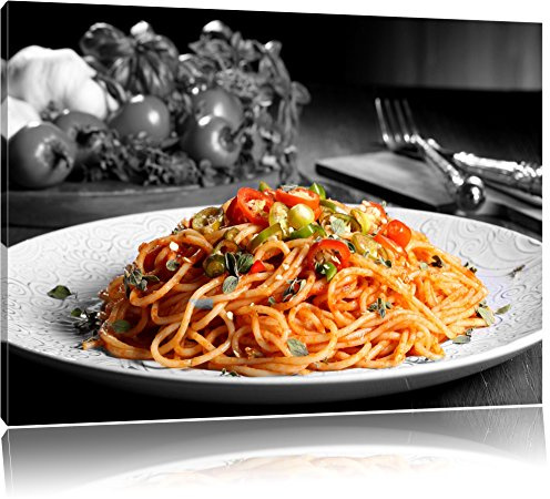 Pixxprint schmackhafte Spaghetti Italia B&W, Größe: 120x80cm, Leinwandbild, fertig gespannt, Wandbild, Dekoration, Kunstdruck, kein Poster