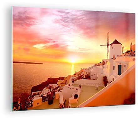 Bilder auf Glas Santorini Griechenland Urlaub Glasbild 70x50cm Wandbilder Dekoration Wohnzimmer Schlafzimmer Küche Deko Klein Wanddeko Bild im Glas Wand Kunstdruck Art Modern Wall Decor GAA70x50-2691