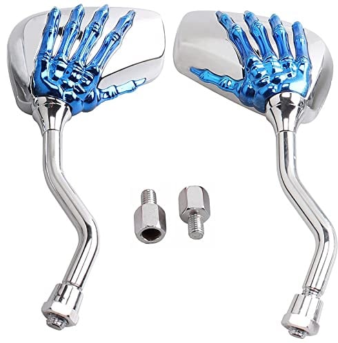 Universal Motorcycle Rearview Mirrors Chrome Skull Hand Claw Mirror - Blue | 2 Pcs High Definition Moto Mirror for Scooter Motorbike E-Bikes ATV with 10mm and 8mm Thread