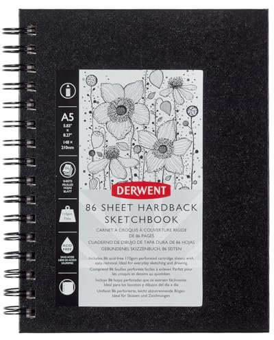 Derwent Big Book Cuaderno de Tapa Dura para Bocetos, Tamaño A5 para Dibujar y Escribir, 86 Hojas, Papel Libre de Ácidos, Bloc de Notas Espiral, Calidad Profesional, 2301608