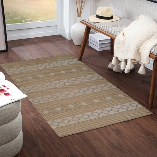 Livabliss Parita Caria Geometric Runner – 79x152 cm, Tan, Beige & Cream