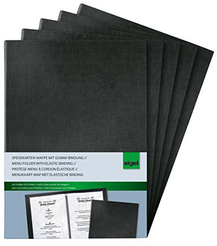 SIGEL SM110/5 Speisekarten-Mappen / Präsentations-Mappen / Menükarten mit Gummi-Bindung für A4, 5er Pack, schwarz mit edler Leinenstruktur, strapazierfähig und leicht abwischbar