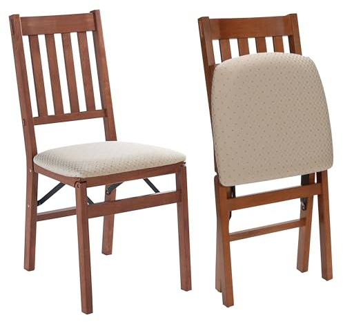 Stakmore Arts and Crafts Wooden Folding Chairs with Padded Seats, Set of 2 - No Assembly Foldable Dining Chairs, Steel Folding Mechanism, Upholstered Cushion, Space-Saving, Fruitwood Frame