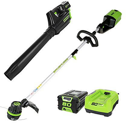 Greenworks PRO 80V Cordless Brushless String Trimmer + Leaf Blower Combo, 2Ah Battery and Charger Included STBA80L210