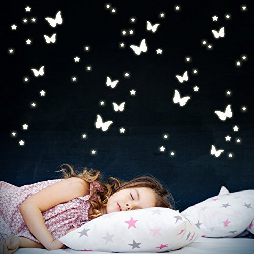 Wandkings Schmetterlinge und Sterne, 78 Sticker, extra starke Leuchtkraft, Wandsticker Leuchtaufkleber, Fluoreszierend und im Dunkeln leuchtend