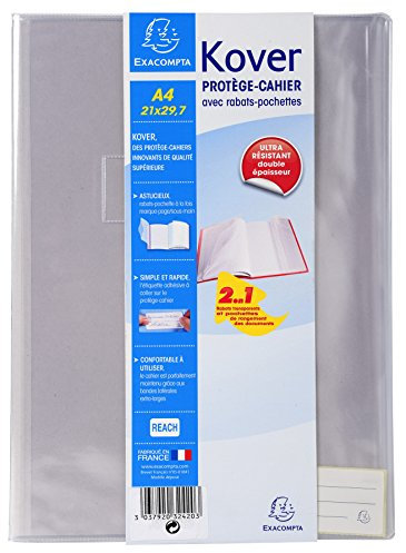 Exacompta - Réf. 32420E - 1 protège-cahier Translucide KOVER avec étiquettes adhésives - En PVC (plastique) lisse 22/100ème - Format 21x 29,7 cm - A4 - coloris incolore