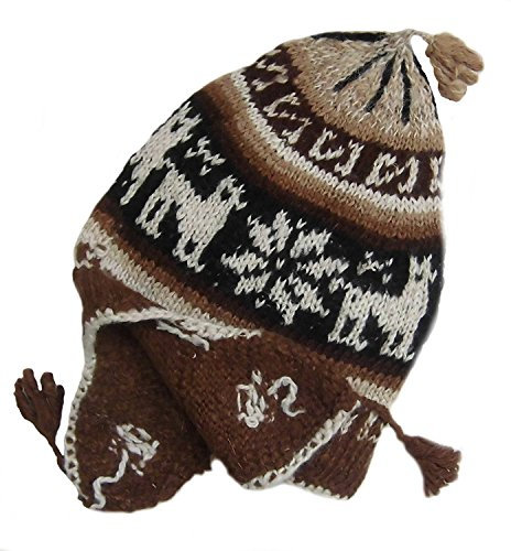 Alpacaandmore Traditionelle Unisex Chullo Mütze Strickmütze naturbelassene Alpakawolle handgestrickt (braun/schwarz)