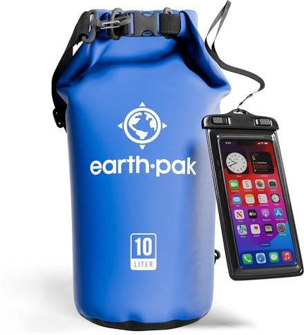 Earth Pak – Wasserdichter Packsack mit Schultergurt und wasserfester Handyhülle – Ideale Rolltop Tasche beim Kajak Fahren, Wandern, Camping, Angeln, Bootfahren und Rafting (Blau, 10L)