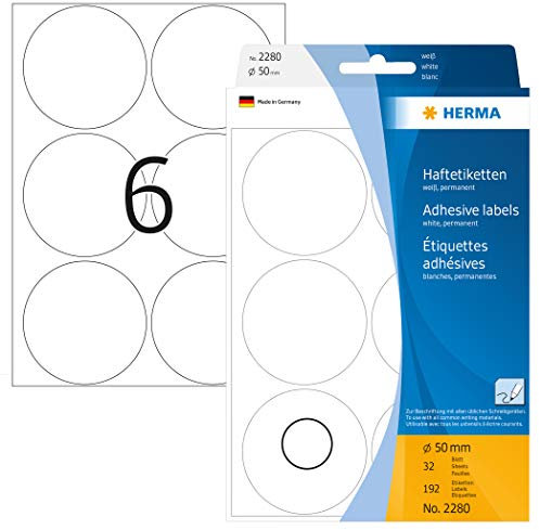 HERMA 2280 Punktaufkleber Klebepunkte weiß, 192 Stück, Ø 50 mm, 6 pro Bogen, selbstklebend, Markierungspunkte für Kalender Planer Basteln, matt, blanko Papier Farbpunkte Aufkleber