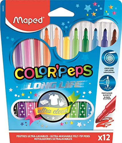 Maped - Feutres Long Life - 12 Feutres de Coloriage Ultra-lavables et Longue Durée - Pointe Moyenne Bloquée - Couleurs Vives - Idéal Fournitures Rentrée Scolaire - Pochette Carton