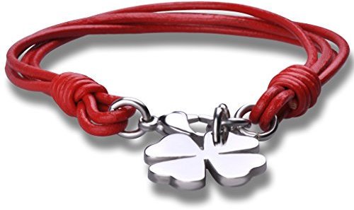 Feilok Fashion Bracciale Unisex in Pelle Intrecciata Quattro Foglia, Acciaio Inossidabile, 8 Colori, 20 cm