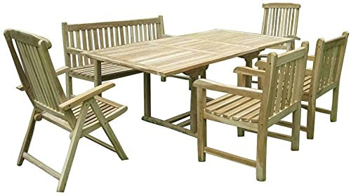 SAM 6tlg. Gartengruppe Kuba, Teak-Holz Gartenmöbel, 1 x Ausziehtisch Kuba + 1 x 3er Sitzbank Caracas + 2 x Hochlehner Aruba + 2 x Sessel Caracas