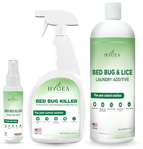 Hygea Natural Exterminator Combo Pack, Non Toxic Treatment, Natural Bugs & Lice Eradicator, Includes Spray 24 oz, Travel Spray 3 oz & Laundry Treatment 32 oz