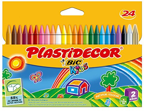 BIC Kids Ceras de Colores para Niños, Óptimo para material escolar,Plastidecor, Colores Vivos Surtidos, Ideal para colorear, 24 Ceras