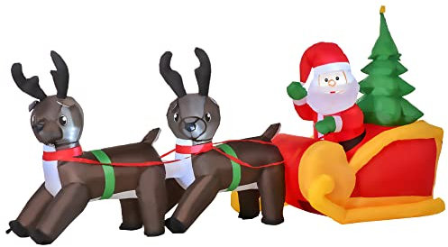 HOMCOM LED Figur Motiv Weihnachtsmann mit Schlitten und Rentieren Schneemann Weihnachten aufblasbar Weihnachtsdeko beleuchtet Garten, L230 x B60 x H120 cm, IP 44, warm weiß