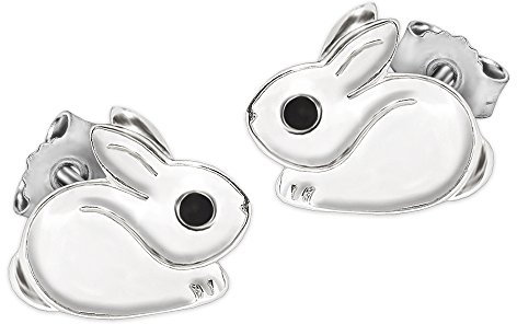 Clever Schmuck Silberne kleine Kinder Ohrringe als Ohrstecker Mini Hase 6 mm hockend Fell weiß und Auge schwarz lackiert glänzend STERLING SILBER 925 für Kinder