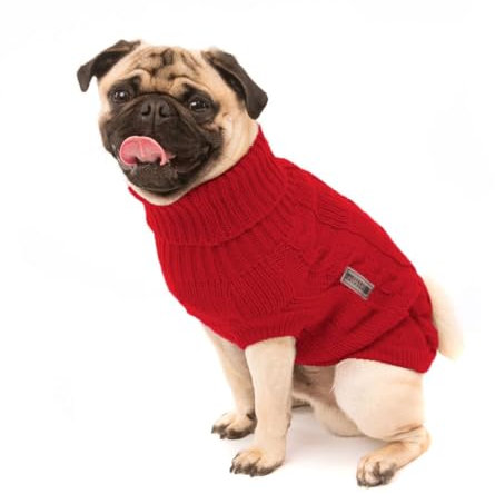 Wolters | Zopf-Strickpullover für Mops&Co in Rot | Rückenlänge 30 cm