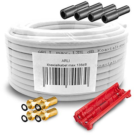 ARLI 15m Koaxialkabel – max. 135 dB 5-fach geschirmt UV-beständig + 4x F-Stecker vergoldet & 4x Gummitülle & Abisoliermesser für DVB-S DVB-T2 4K HDTV
