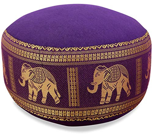 livasia Meditationskissen Thaiseide - Ø 32x20cm - Yogakissen klein mit Kapok, Pouf, Bodenkissen Yoga Zen Meditation, Sitzkissen Garten Balkon, Zafukissen handgefertigt (Lila/Elefanten Seide)