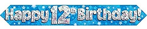 9ft Banner Happy 12th Birthday Blue Foil Holographic
