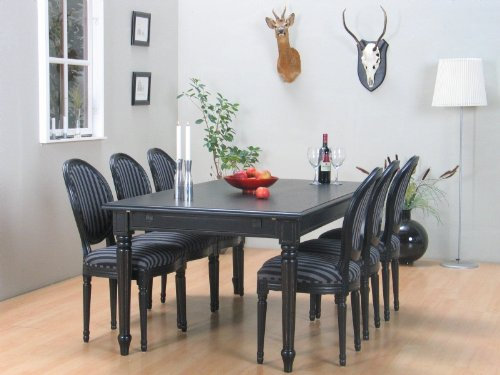 Moebelnet Barock, 8-Teilige Essgruppe Rokoko, antik schwarz inkl.1 x Zusatzplatte, Bezug gestreift