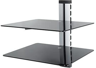 MAHARA Black Glass Floating Shelves - Two Tier Shelf Unit with Tempered Glass & Silver Cable Management - For TV,AV & Gaming - 38cm x 28cm - 10Kg Max
