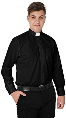 IvyRobes Herren Priesterhemd mit Tab Kollar Kragen Pfarrer Langarm Priester Klerus Hemd Schwarz 43-44 EU (17.5)