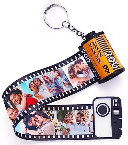 Personalisiert Filmrolle Schlüsselanhänger mit Eigenem Foto Gravur Bedrucken mit Buntem Fotofilm-Rollenkamera Auto Bild Selbst Gestalten Geschenk für Liebe Dame Mann Vater Weihnachten Geburtstag