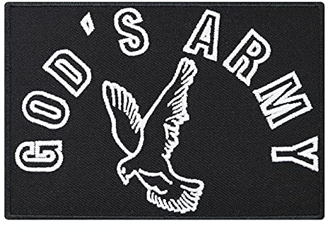 God's Army - christlicher Aufnäher mit Stickerei, Christentum Deko Patch Taube - Jesus Aufkleber - Gottes Armee Abzeichen & DIY Applikation für Polo/Jacke/Shirt, 110x75mm SCHWARZ