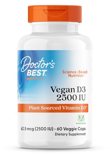 Doctors Best Vegan Vitamin D3 2500 IU Veg Caps - Vegan Vitamin D Supplement for Men & Women, Helps Support Calcium Absorption, Heart Health & Immune Support, 62.5 mcg per Serving - 60 Veggie Capsules
