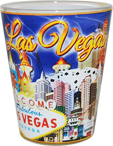 Las Vegas Nevada Blue and Gold Letters Collage Shot Glass CTM by World by Shotglass
