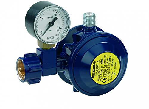 GOK Druckminderer Gasflasche Marine EN61-DS, Gasdruckregler 30 mbar mit Manometer, 90°-Abgang nach oben, PS 16 bar, Mg 1,5 kg/h, CE/EN 12864 M, Überdrucksicherung 100 mbar
