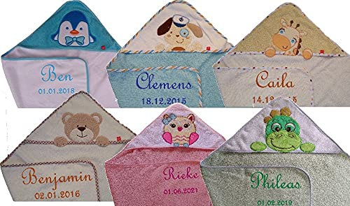 Baby Kapuzenhandtuch mit Namen bestickt 75 x 75 cm mit Motiv (beige mit Teddy)