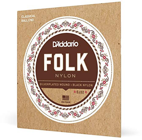 D'Addario Cuerdas Guitarra Española | Cuerdas de Guitarra Española | EJ32 Folk Nylon, cuerdas para guitarra con extremo de bola, agudos de nailon negro/entorchado en plata, 028' - 045'