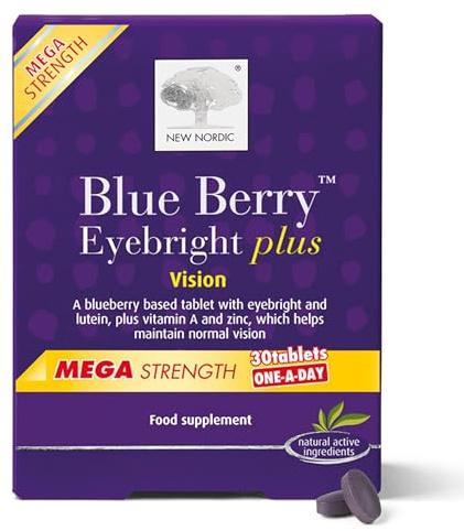New Nordic Blue Berry Eye Tablets, Extra Strength, Lutein, Zinc, 30 VIT Tab | 10mg lutein per tablet, Swedish bilberry, eyebright, zinc, copper, supports healthy vision, 1 daily, vegan, gluten free, 30ct