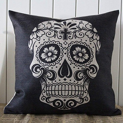 zhangming@ Dekokissen Bettwäsche Leinen Baumwolle Kissenbezug Pillow Cover 45x45 Totenkopf (Hauptfarbe schwarz/beige)
