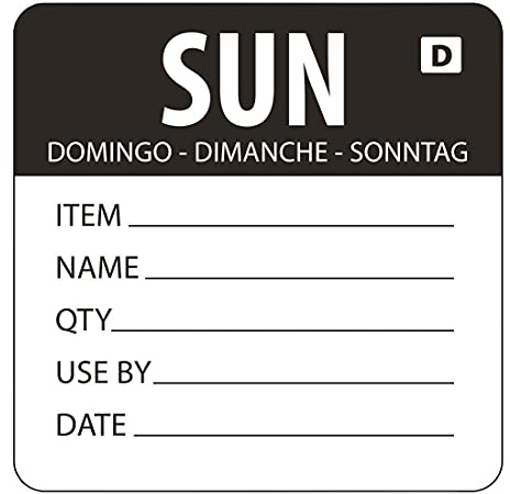 Vogue Black Dissolvable Sunday Labels Sunday. Roll of 250 | Leaves no sticky residue on kitchen containers and dissolves fully in water to make clean-up fast and effortless.