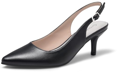 Greatonu Women's Kitten Heel Pointed Toe Court Shoes Black Pu Size 3 | 2.5 (6.3 cm) Kitten Heels, Pointed Toe (Size Up for Wide Feet), Adjustable Slingback Strap, Non-Slip Outsole