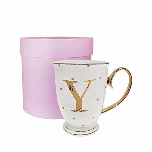 Bombay Duck Alphabet Spotty Metallic Mug Letter Y Gold with Fuchsia Spots, Bone China, White, 1 Count (Pack of 1)