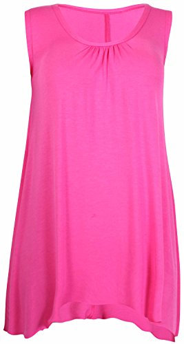 Womens Sleeveless Ladies Stretch Gathered Round Neck Uneven Hem Long Vest T-Shirt Top, Fuchsia, 8-10
