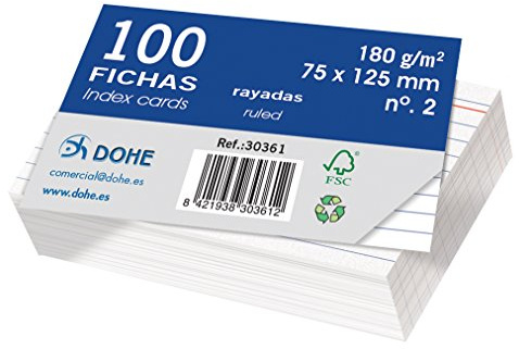 Dohe 30361 Packung mit 100 Karteikarten, Papier liniert, weißer Fotokarton, 180 g, Nr. 2, 75 x 125 mm