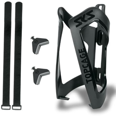 SKS GERMANY ANYWHERE TOPCAGE Flaschenhalter, Fahrradzubehör, Flaschenhalterung für Fahrräder, inklusive Gurte für Rohre mit Durchmesser bis 80 mm, sicherer Flaschenhalt, schwarz