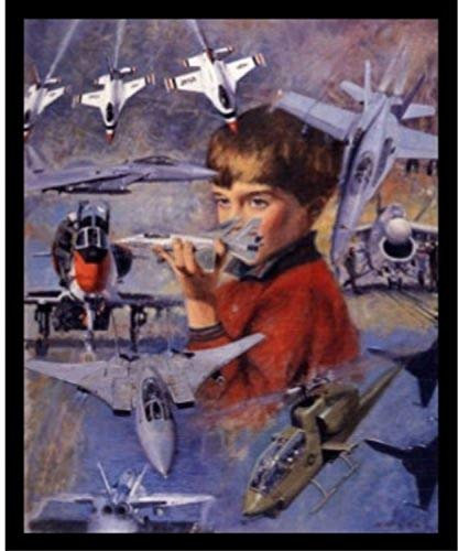 Buyartforless Gerahmter Kunstdruck Top Gun Dreamer von Clemente Micarelli, 45,7 x 55,9 cm, Motiv: Little Boy Dreaming of Being an Air Force Pilot Playing with Toy Jet, Lila