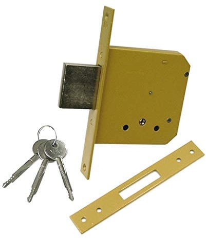 Cerradura de embutir para puerta de madera '56320' frontal de 23 mm, caja y tapa de acero barnizado. Contraplaca incluida. Con cilindro en cruz llave de aguja, tornillos para la fijación de la