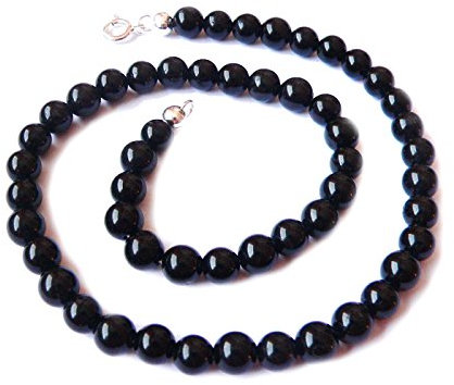 Schörl Turmalin schwarz Edelstein Kugel Halskette Collier Größe 45 cm