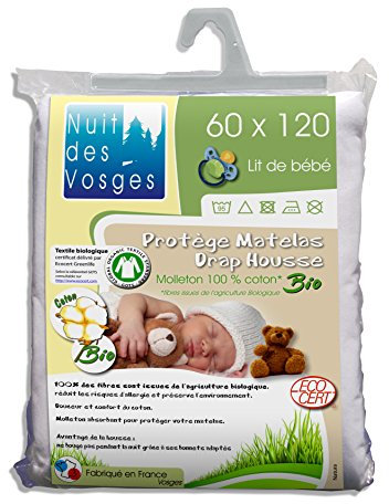 Nuit des Vosges 201916 Protège Matelas Molleton Bio pour Lit Bébé Coton Blanc 60 x 120 cm