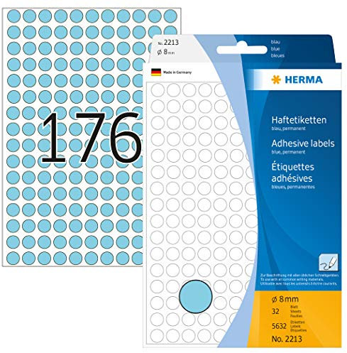 HERMA 2213 Punktaufkleber Klebepunkte blau, 5632 Stück, Ø 8 mm, 176 pro Bogen, selbstklebend, Markierungspunkte für Kalender Planer Basteln, matt, blanko Papier Farbpunkte Aufkleber