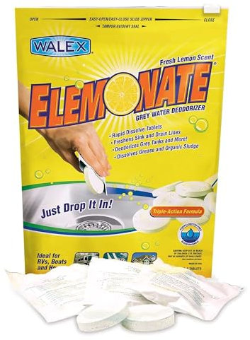 Walex Elemonate Grey Water Tank Deodorizer & Freshener - Freshens Sink & Drain Lines, Rapid Dissolving Drop-In Tablets, Ideal for RV's, Boats & Homes, Easy to Use - Fresh Lemon Scent, 5 Pack